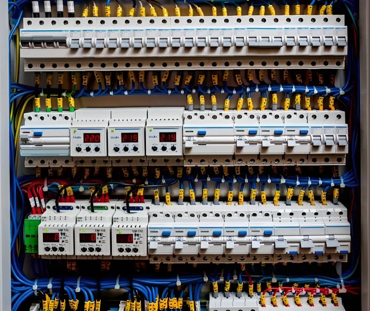 Technicien contrôlant le câblage d'un tableau électrique TGBT avec un multimètre